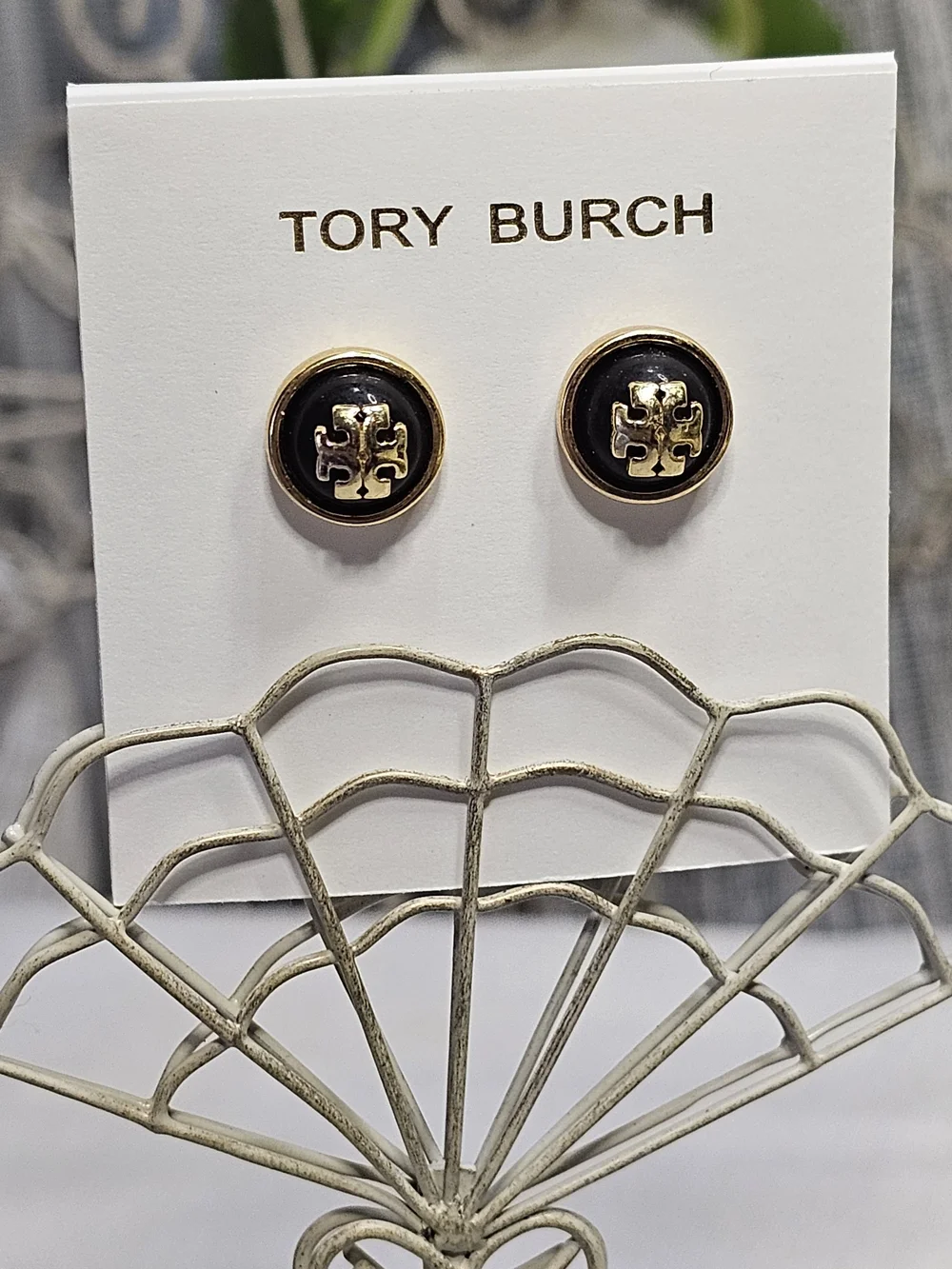 Tory Burch Icon Enamel Circle‑Stud Earrings – Black & Gold